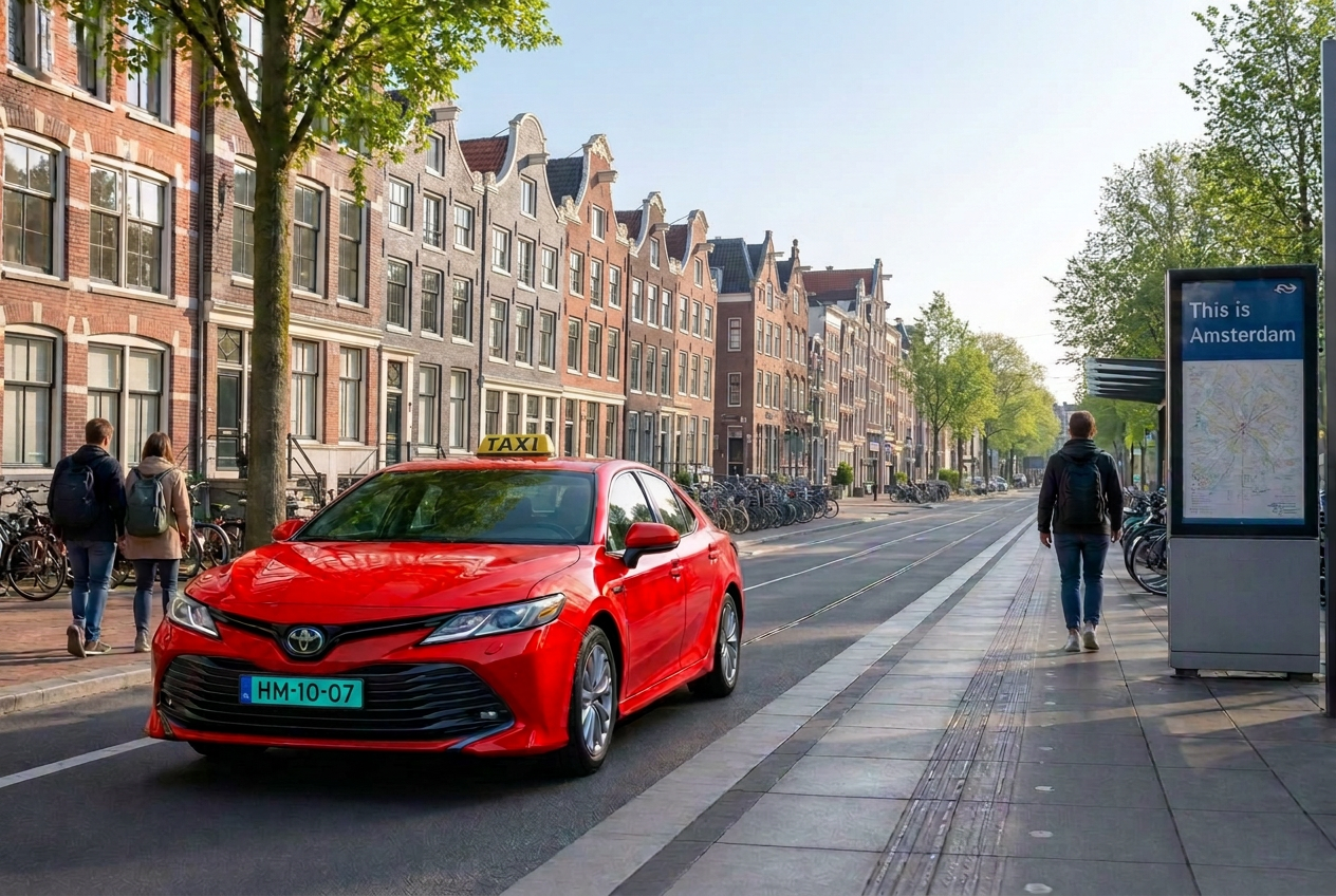 Rode taxi op een Amsterdamse straat tijdens de OV-staking